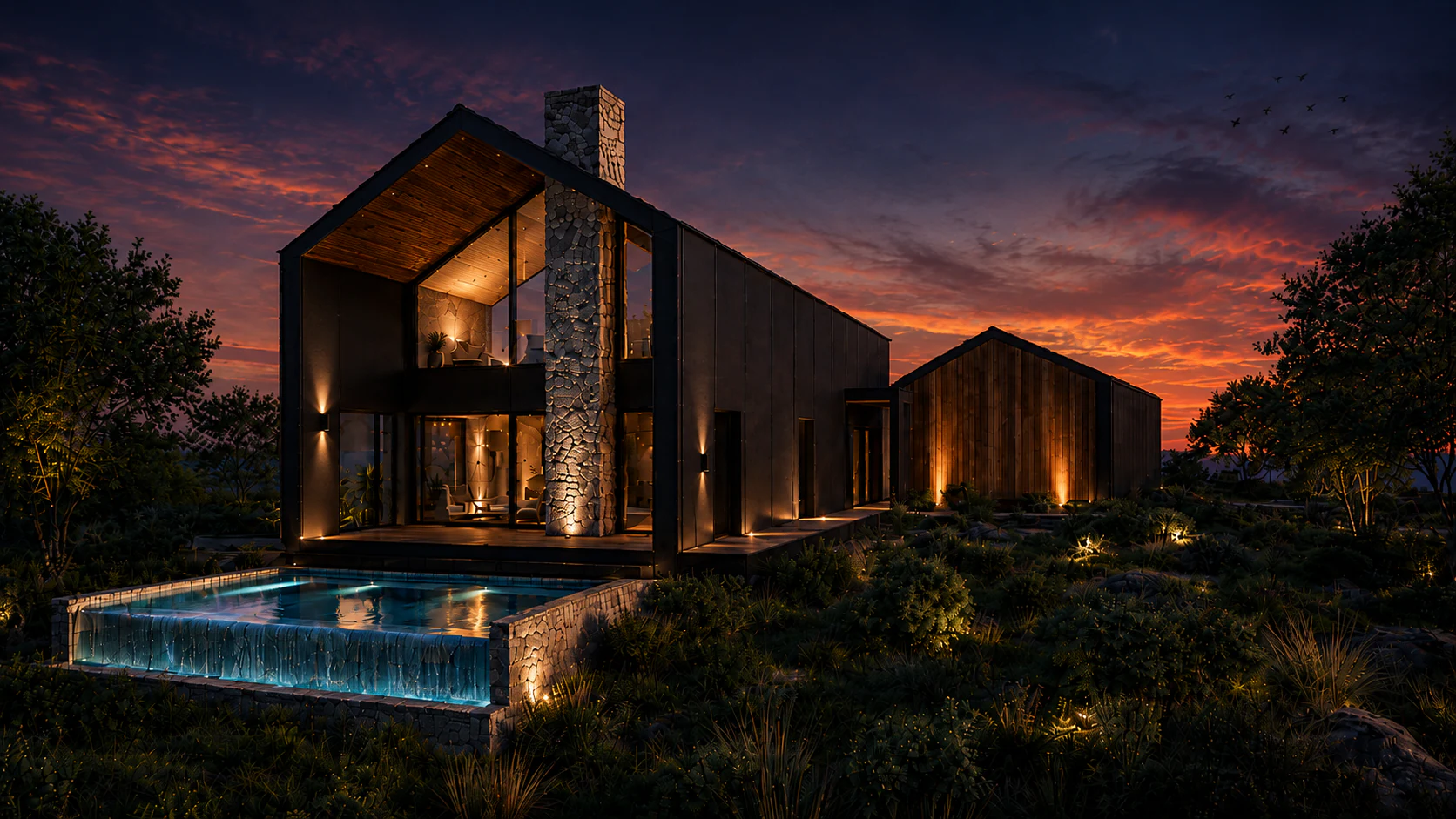 Vista de Ambar House al atardecer desde la piscina, con la iluminación encendida