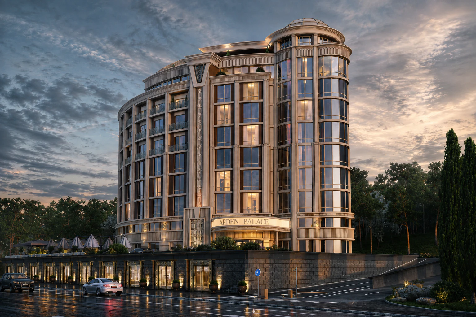 Visualization of the ten-storey Arden Hotel with an illuminated crown