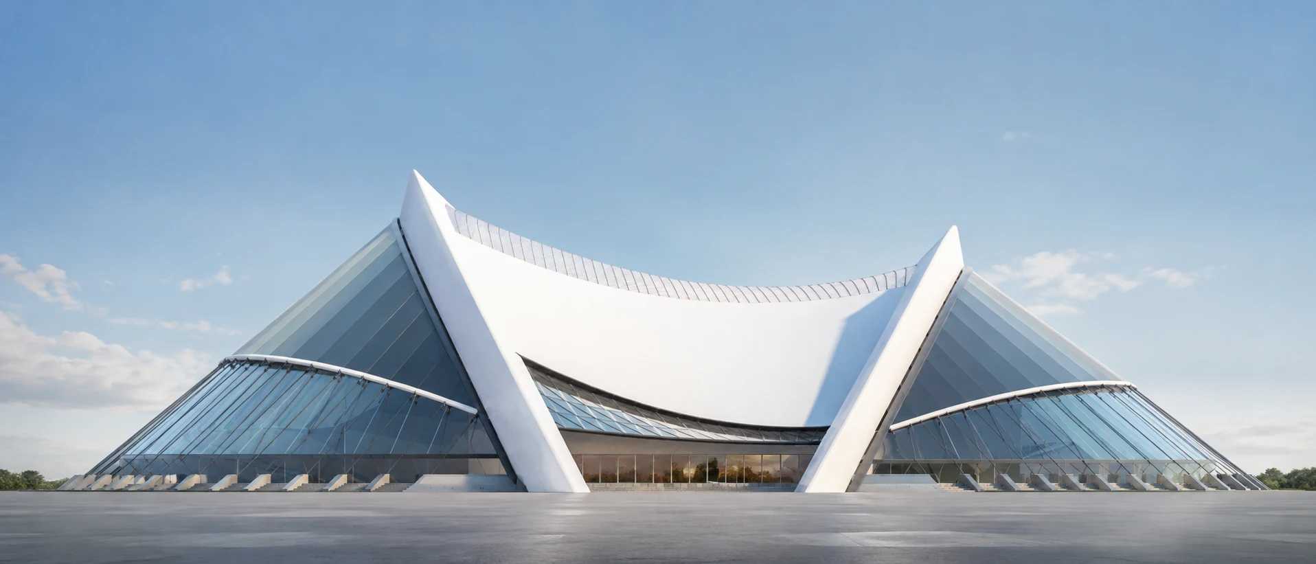 Frontal view of the main arena’s sweeping white entrance frame