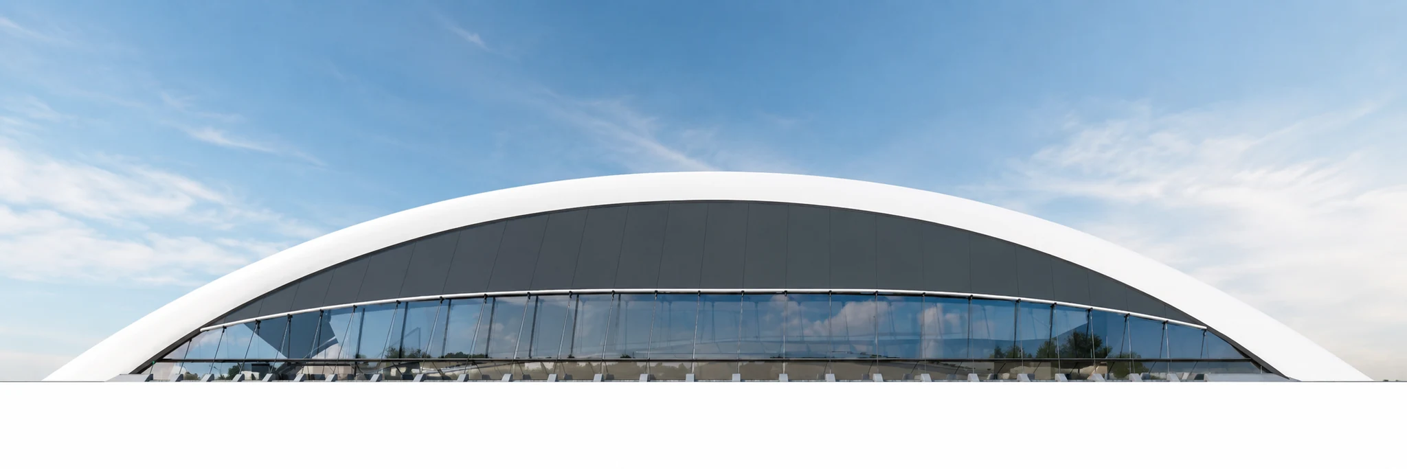 Long elevation of the low arched arena volume and glazed facade