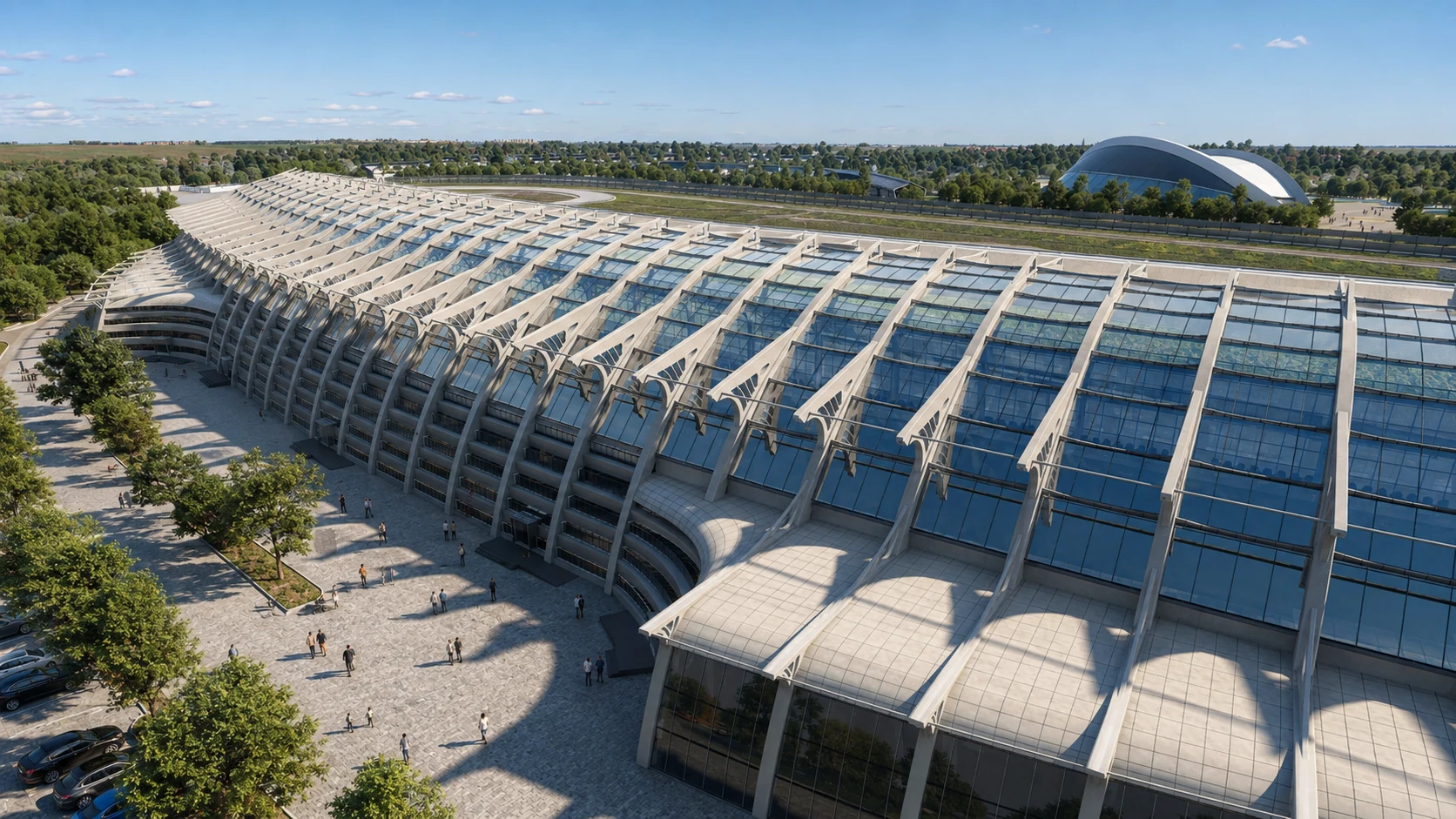 Aerial view of the grandstand’s repeating roof structure and racecourse