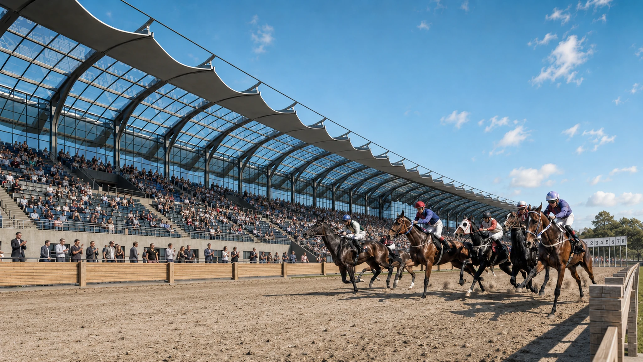 Horse race in front of the covered spectator grandstand