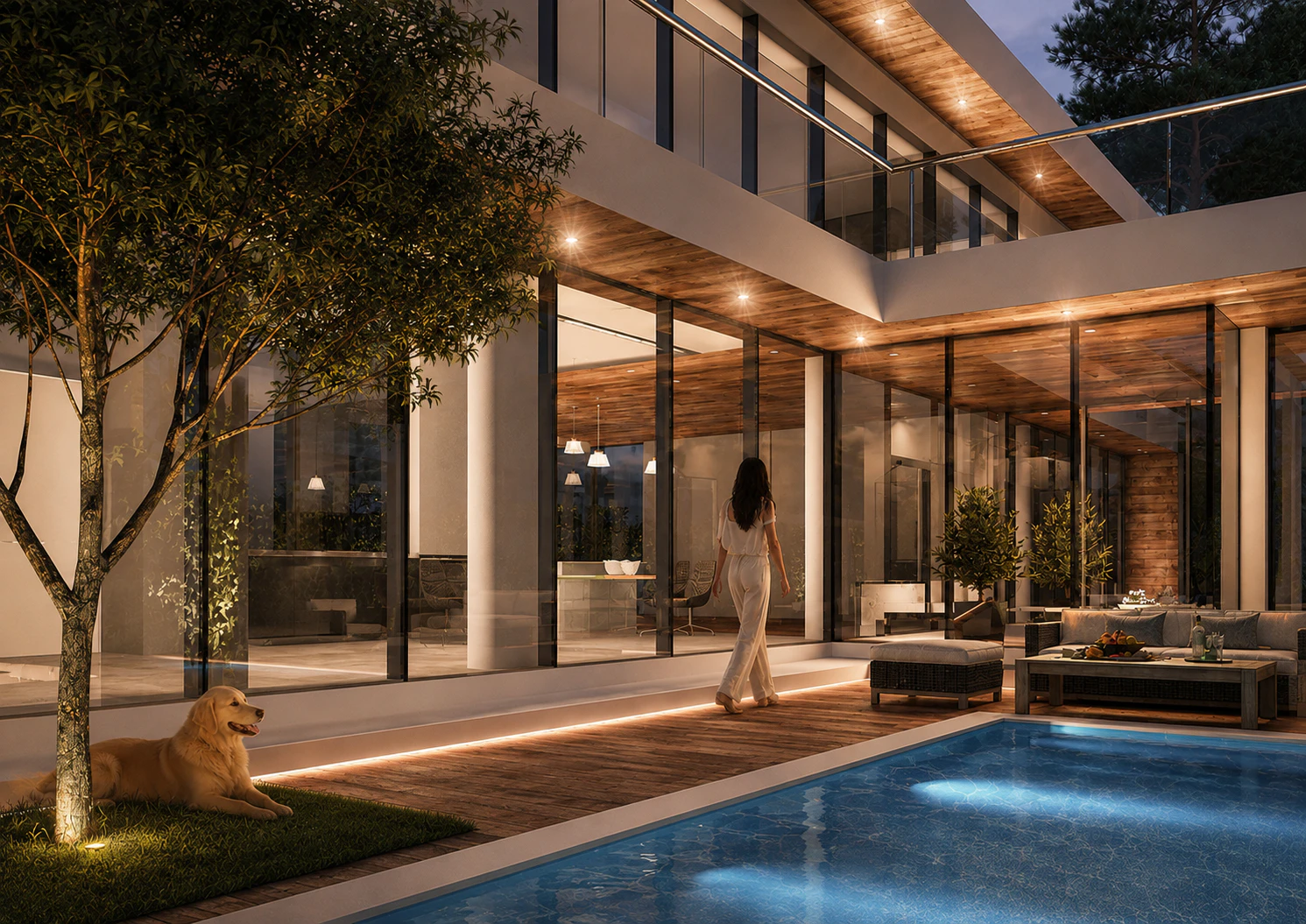 Evening view of the double-height glazed courtyard, terrace, and illuminated pool