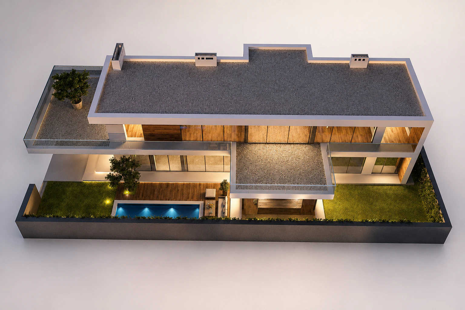 Elevated axonometric view showing the house, flat roof, terraces, pool, and garden