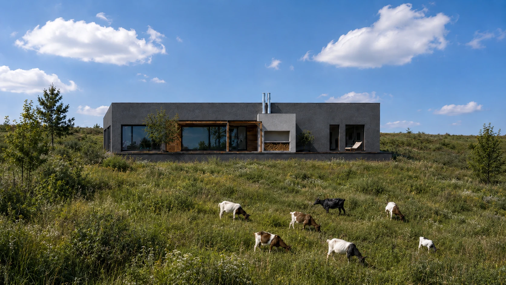 Pavilion House in a green meadow under a blue sky
