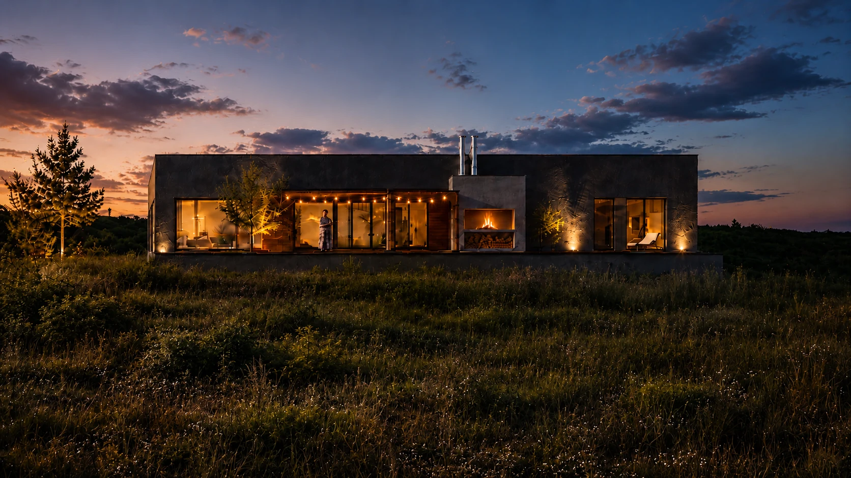 Dusk view of Pavilion House with its illuminated terrace and outdoor fireplace