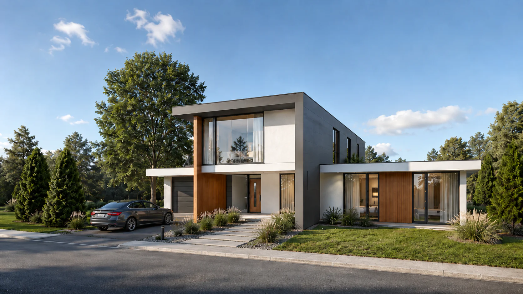 Vista frontal de Frame House desde la calle, con acceso ajardinado y garaje