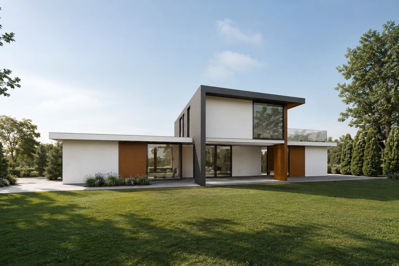 Vista de Frame House desde el jardín, con acristalamiento de suelo a techo y terraza cubierta