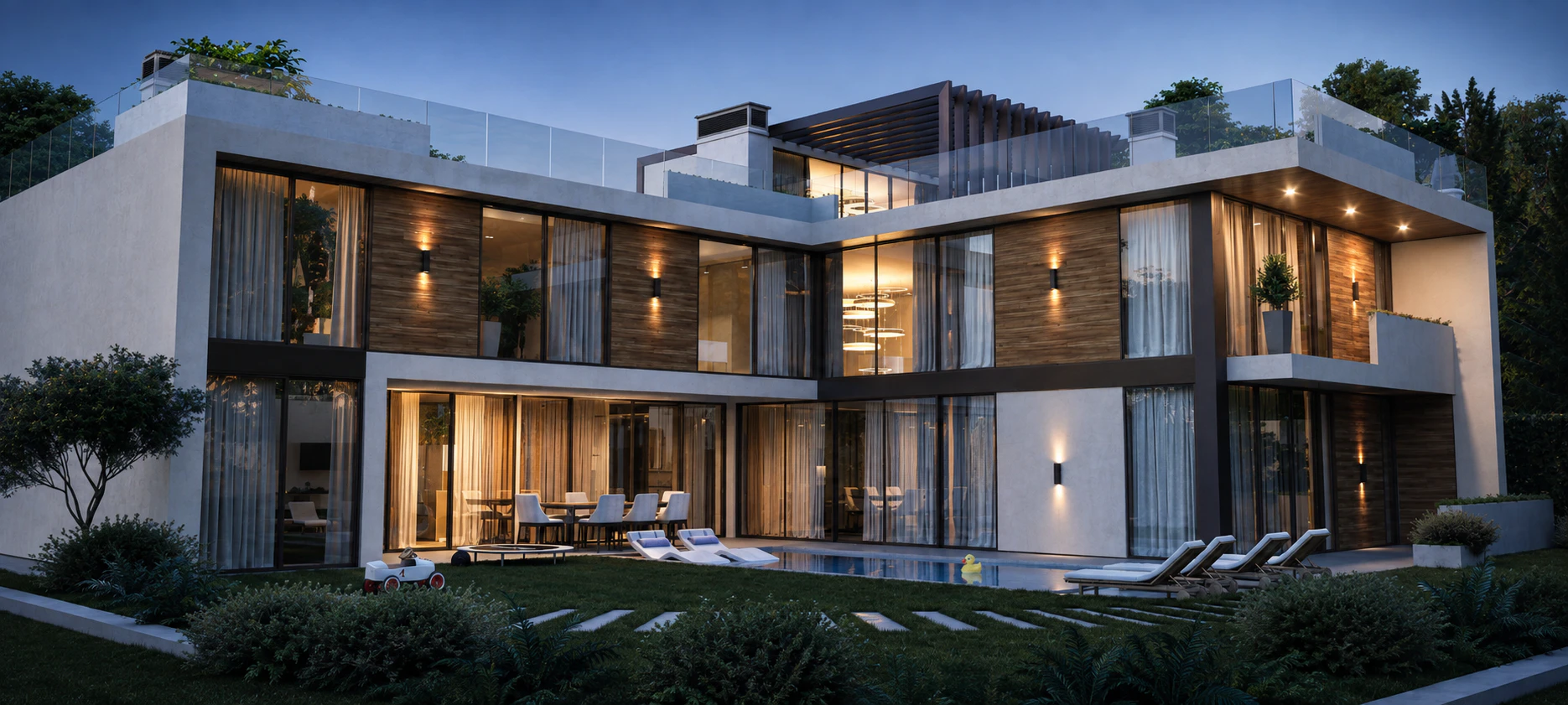 Dusk visualization of a minimalist cubic villa with a rooftop terrace in Odesa
