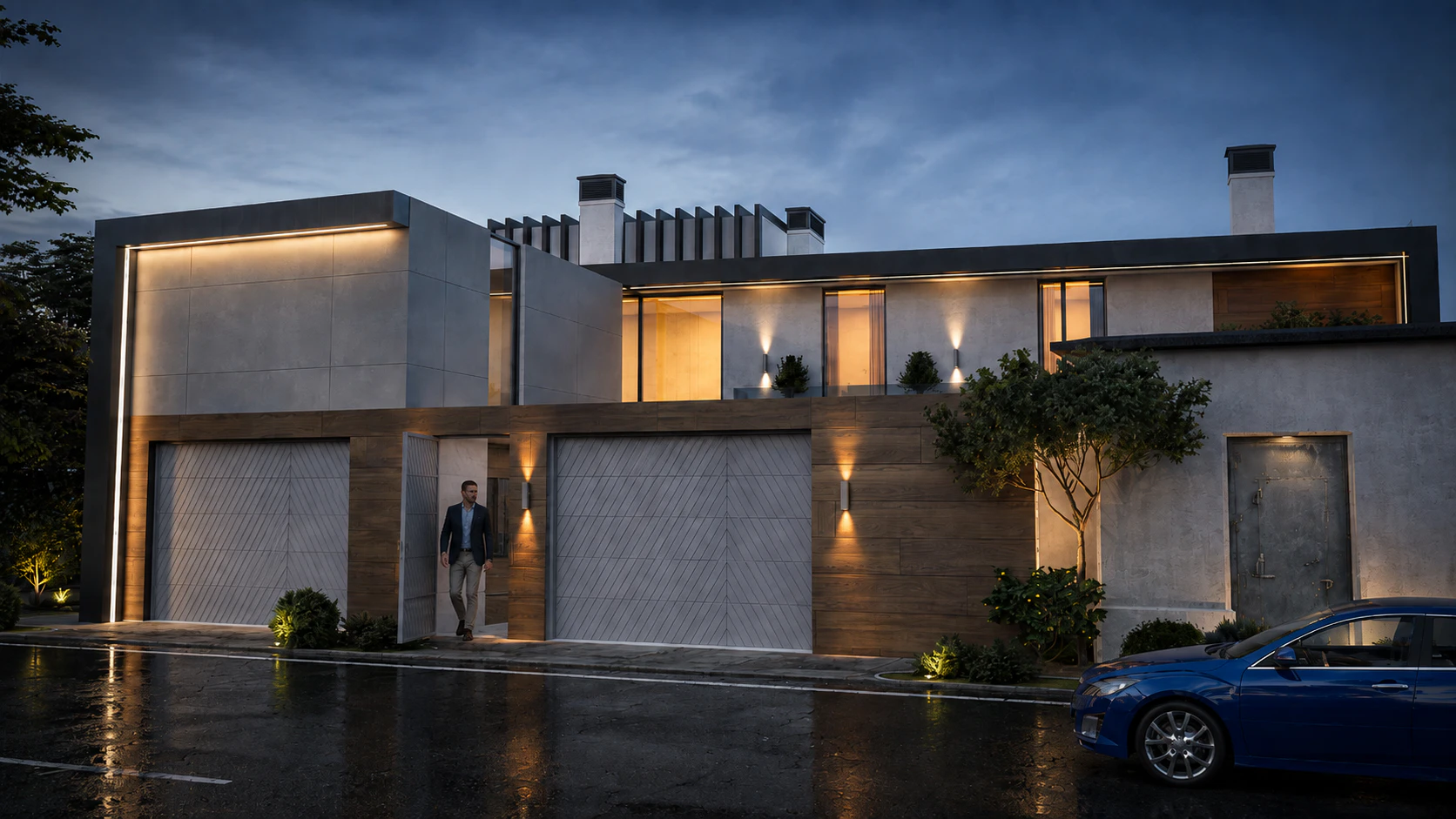 Rainy evening street view of the garage facade and entrance