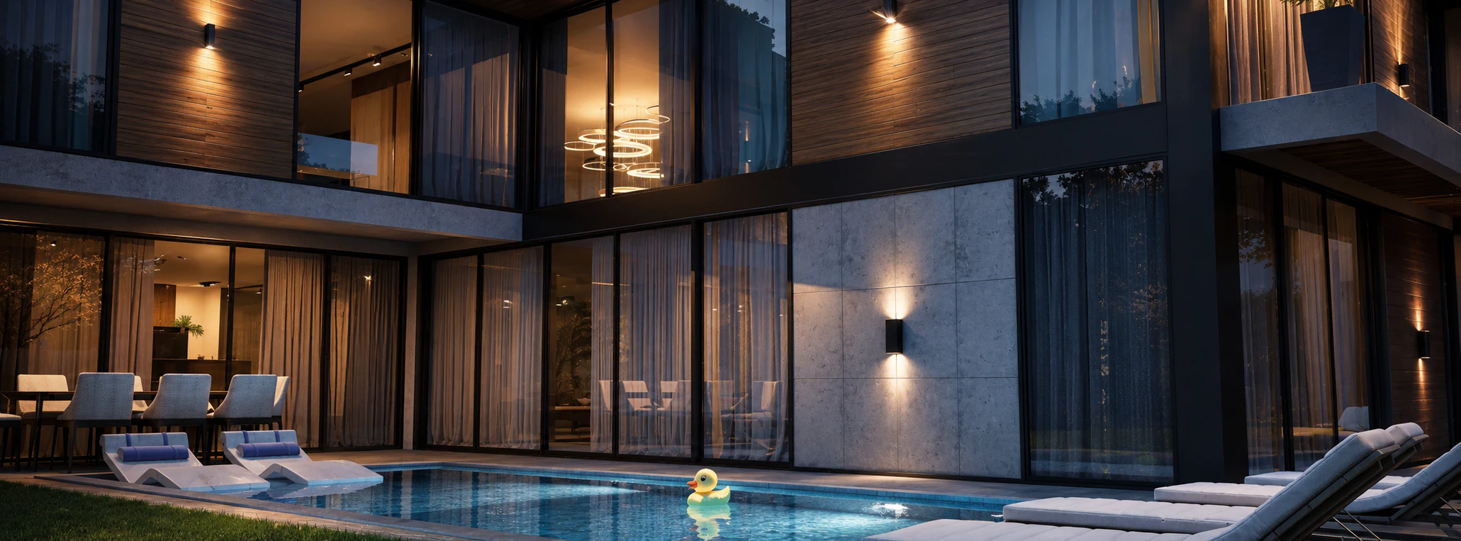 Close evening view of the glazed pool facade and illuminated terrace