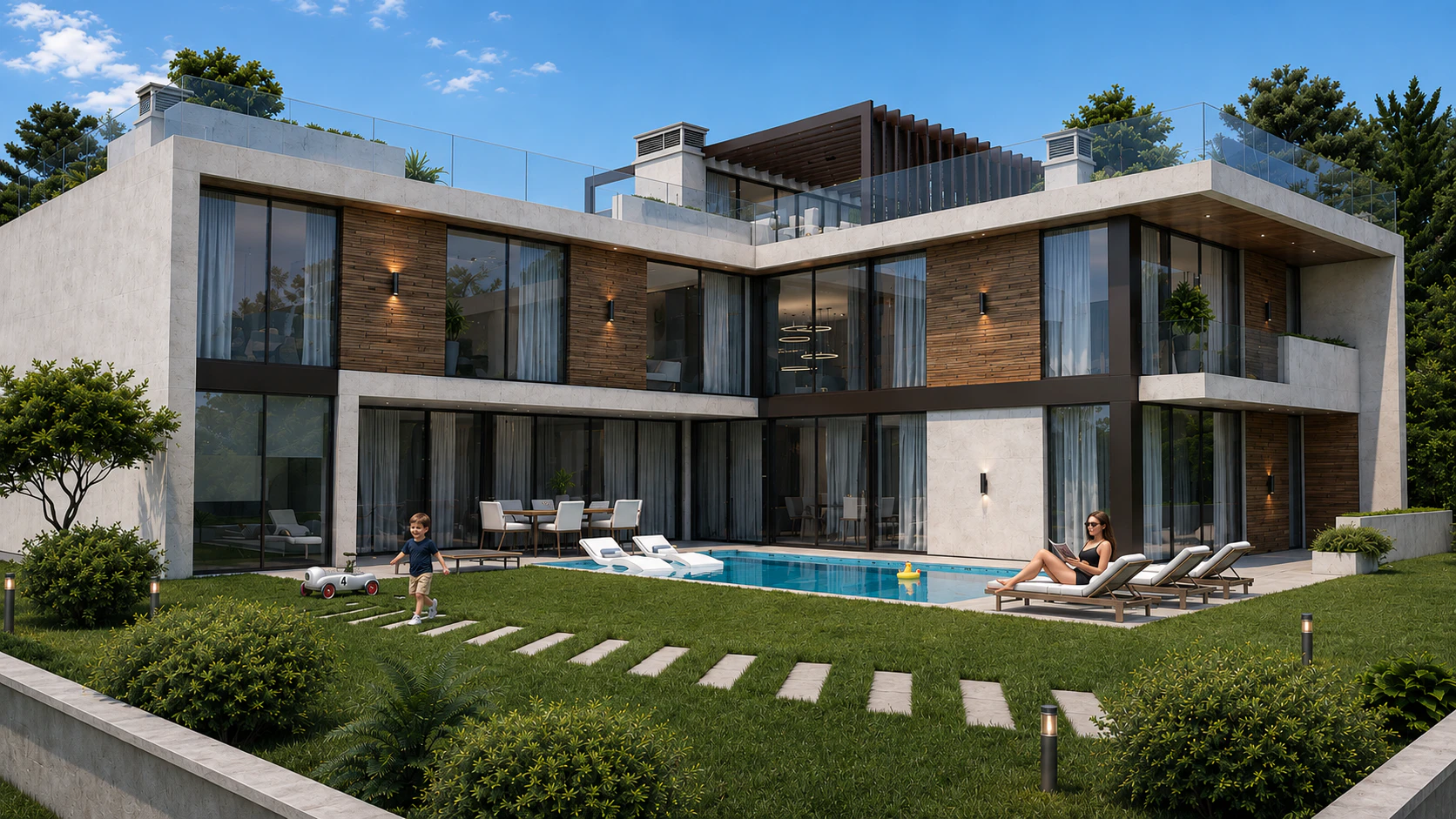 Daylight garden view of the villa, pool, roof terrace, and landscaped grounds