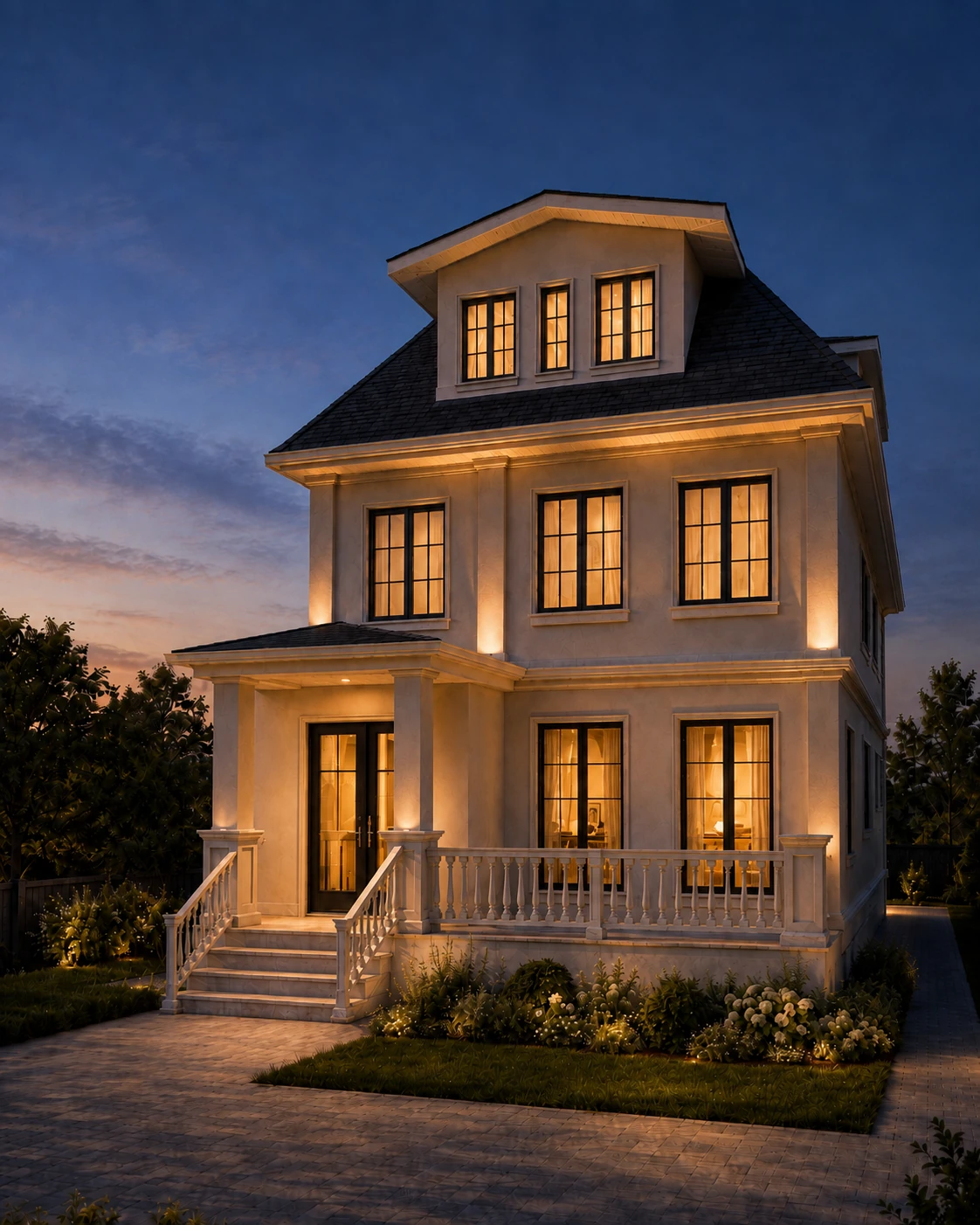 Illuminated evening entrance view of the reconstructed house in New York