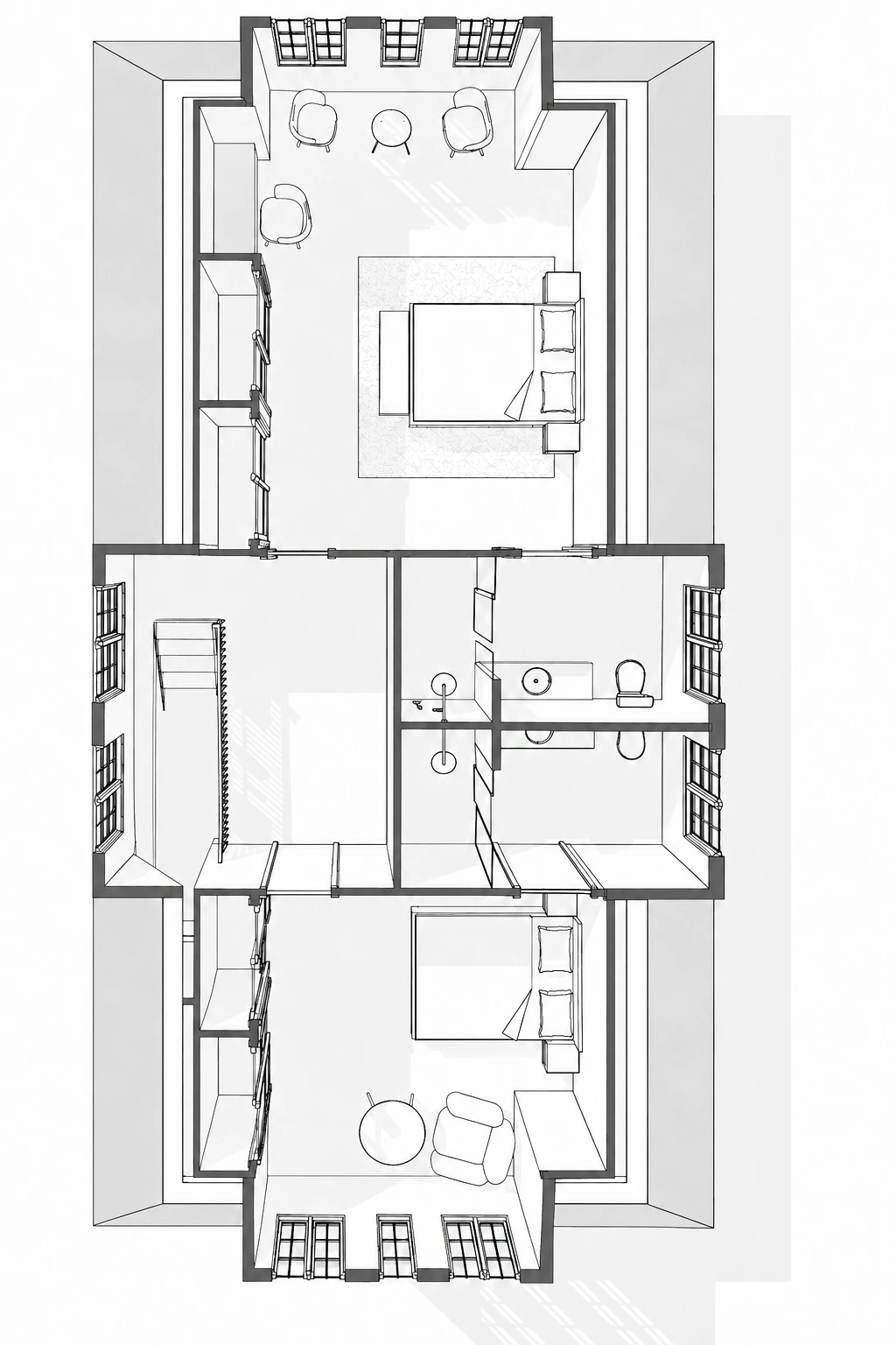 Attic plan with two bedrooms, bathrooms, sitting areas, and a central stair