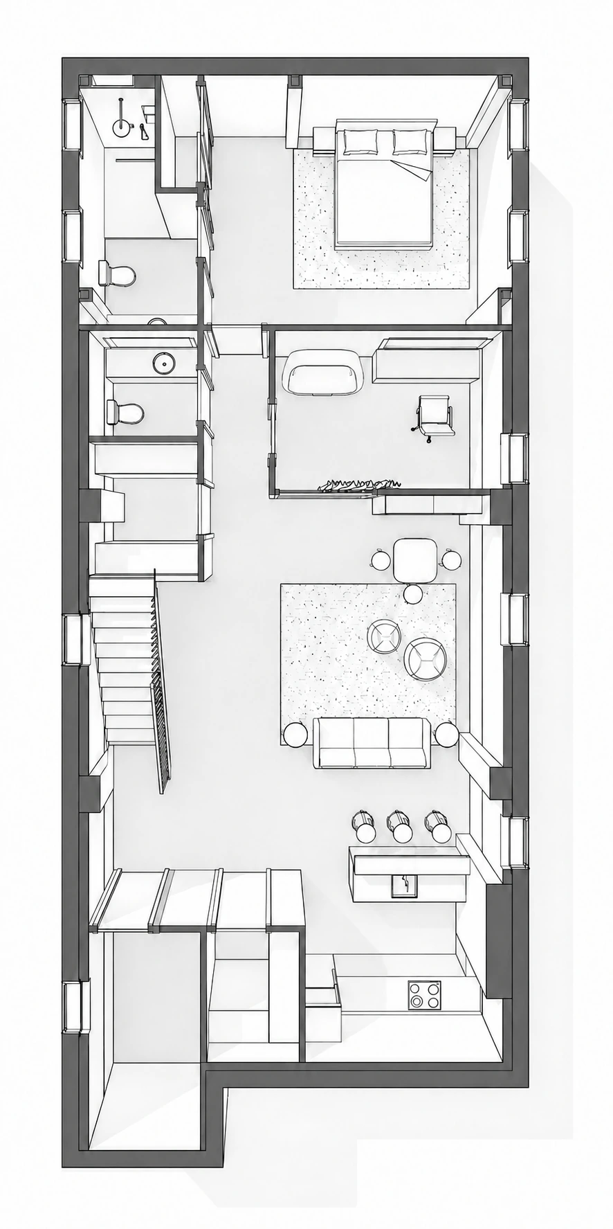 Basement plan with a bedroom, office, living area, kitchenette, bathroom, and stair