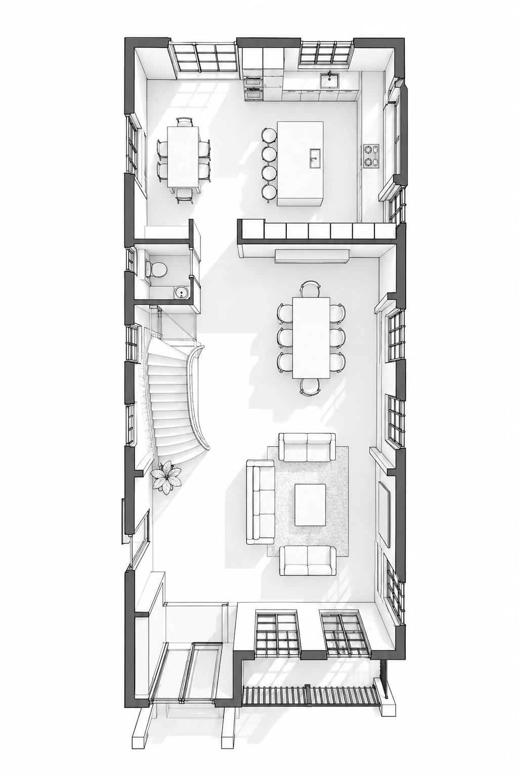 First-floor plan with living room, dining room, kitchen, and curved stair