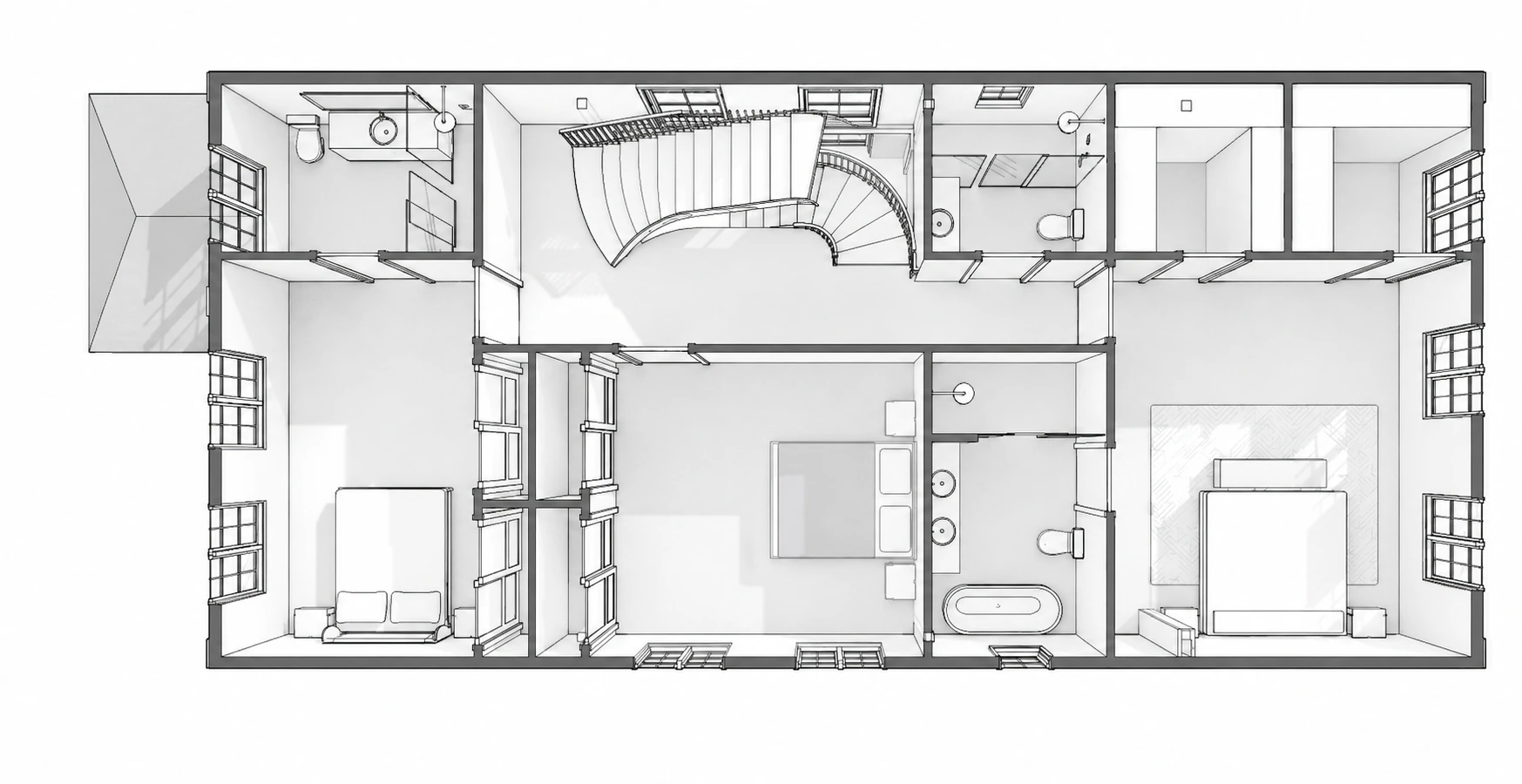Second-floor plan with bedrooms, bathrooms, and a central curved stair