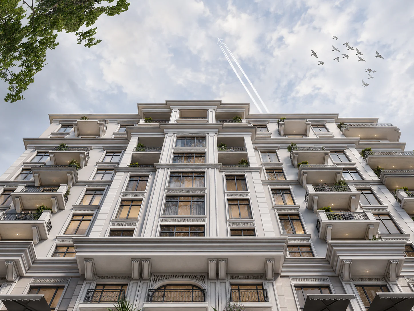 Contrapicado de la fachada pétrea escalonada y los balcones